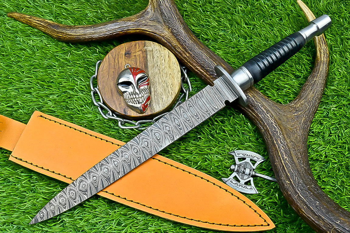 Custom Hand-Forged Damascus Steel Dagger with Black Micarta Handle and Full Tang | UN-8370