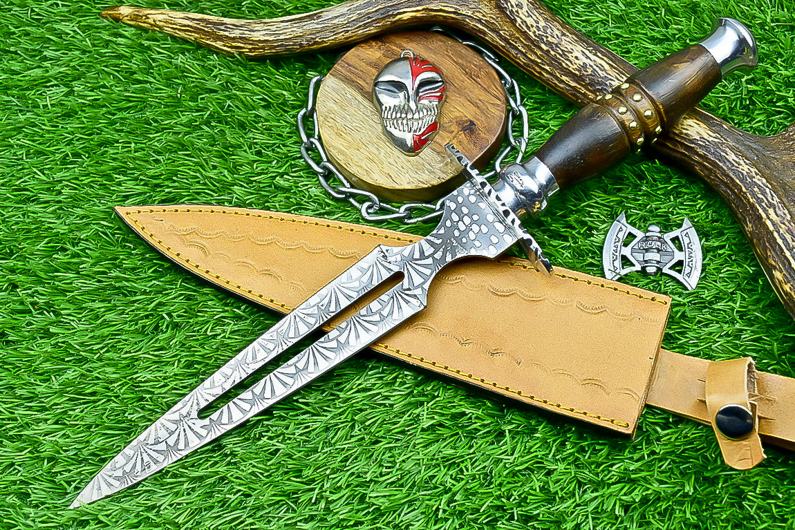 Damascus Steel Double Blade Fantasy Dagger with Leather Sheath and Bleach Mask Keychain | SN-794