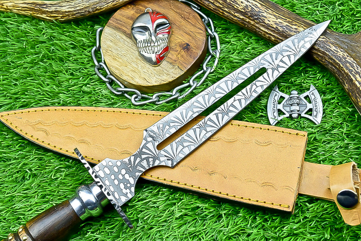 Damascus Steel Double Blade Fantasy Dagger with Leather Sheath and Bleach Mask Keychain | SN-794