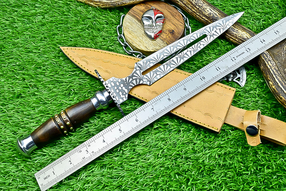 Damascus Steel Double Blade Fantasy Dagger with Leather Sheath and Bleach Mask Keychain | SN-794