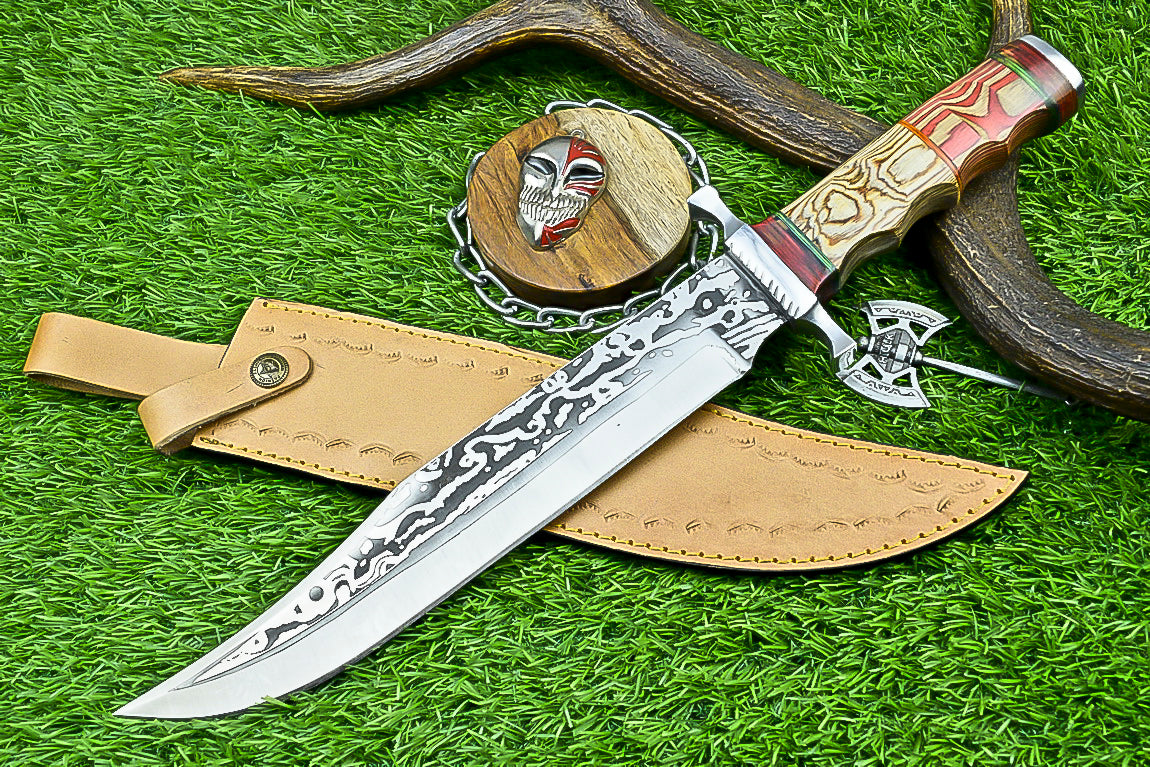 Handmade Damascus Steel Bowie Knife with Multi-Colored Stacked Handle | UN-8153