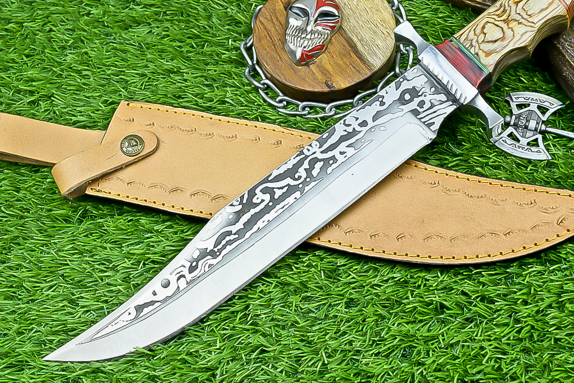 Handmade Damascus Steel Bowie Knife with Multi-Colored Stacked Handle | UN-8153