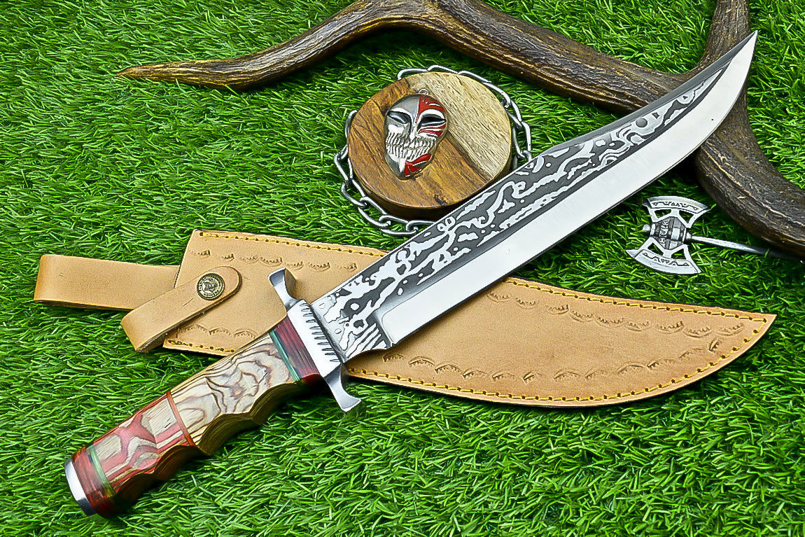 Handmade Damascus Steel Bowie Knife with Multi-Colored Stacked Handle | UN-8153