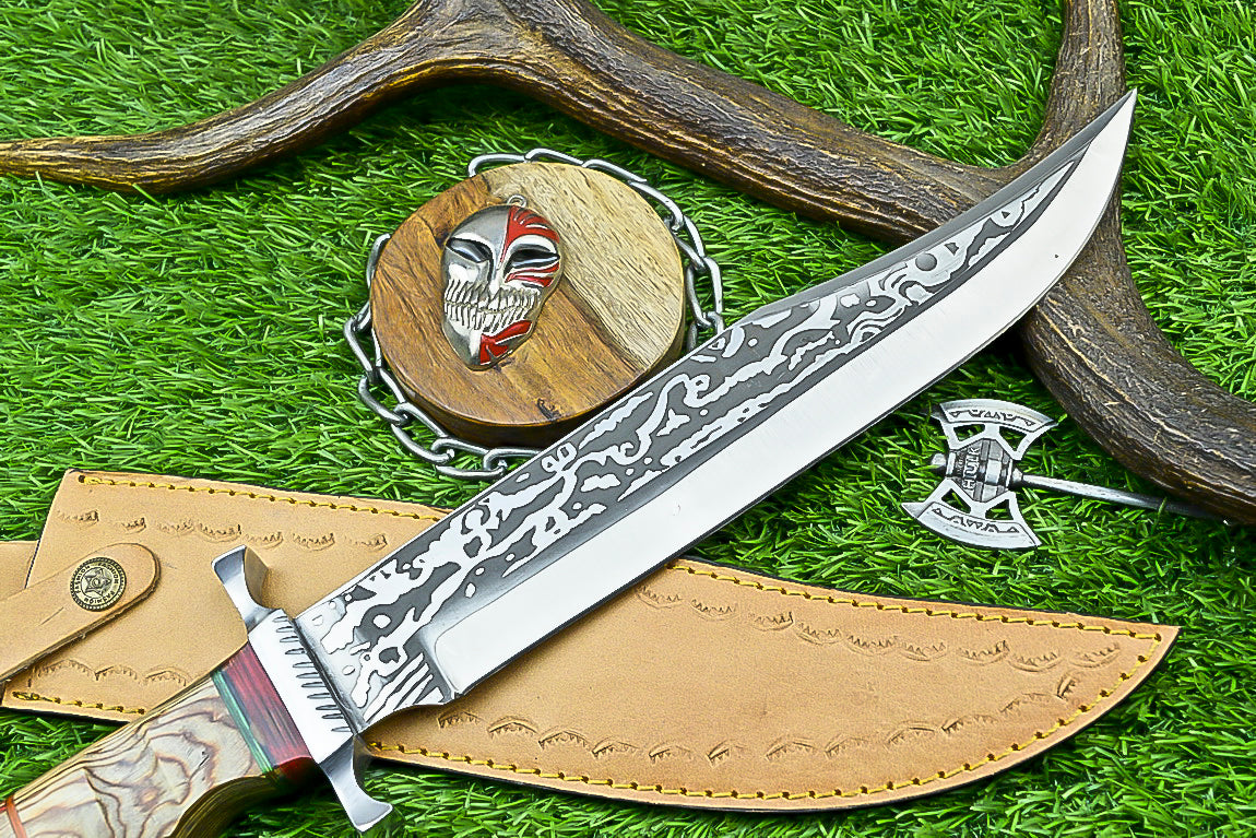Handmade Damascus Steel Bowie Knife with Multi-Colored Stacked Handle | UN-8153