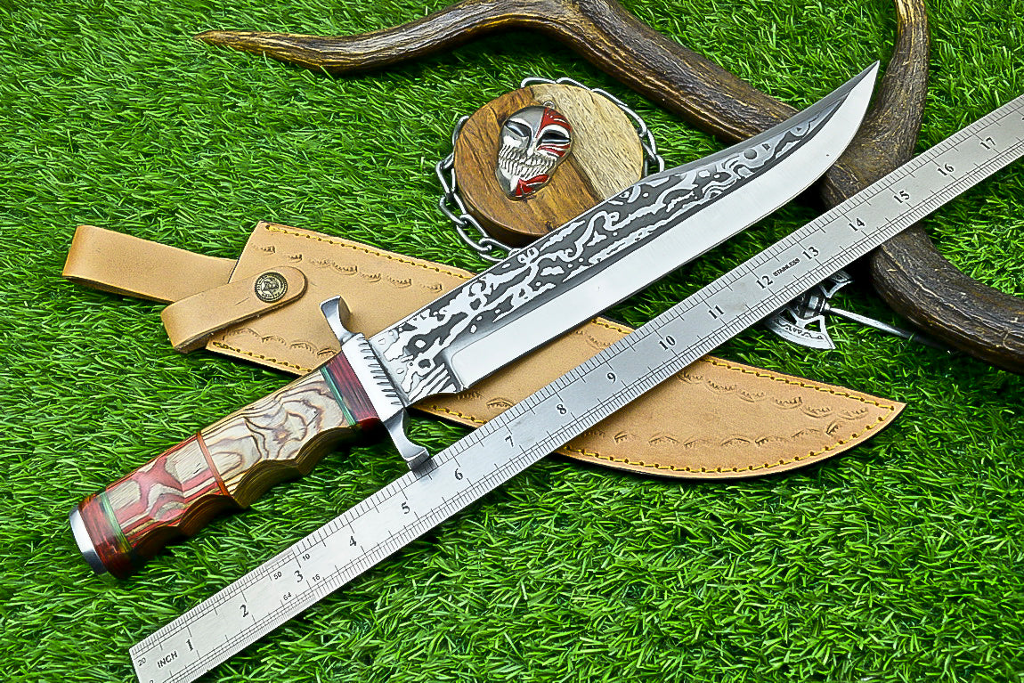 Handmade Damascus Steel Bowie Knife with Multi-Colored Stacked Handle | UN-8153
