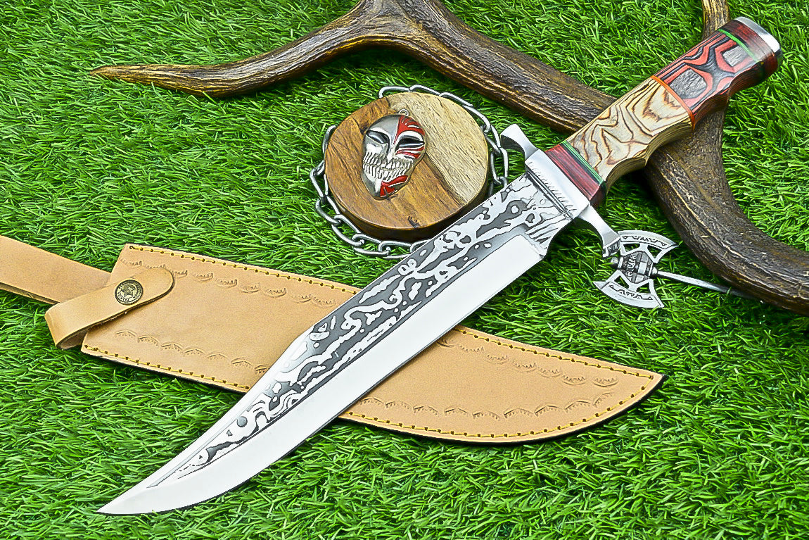 Hand-Forged Custom Damascus Steel Bowie Knife with Engraved Blade and Mosaic Handle | UN-8161
