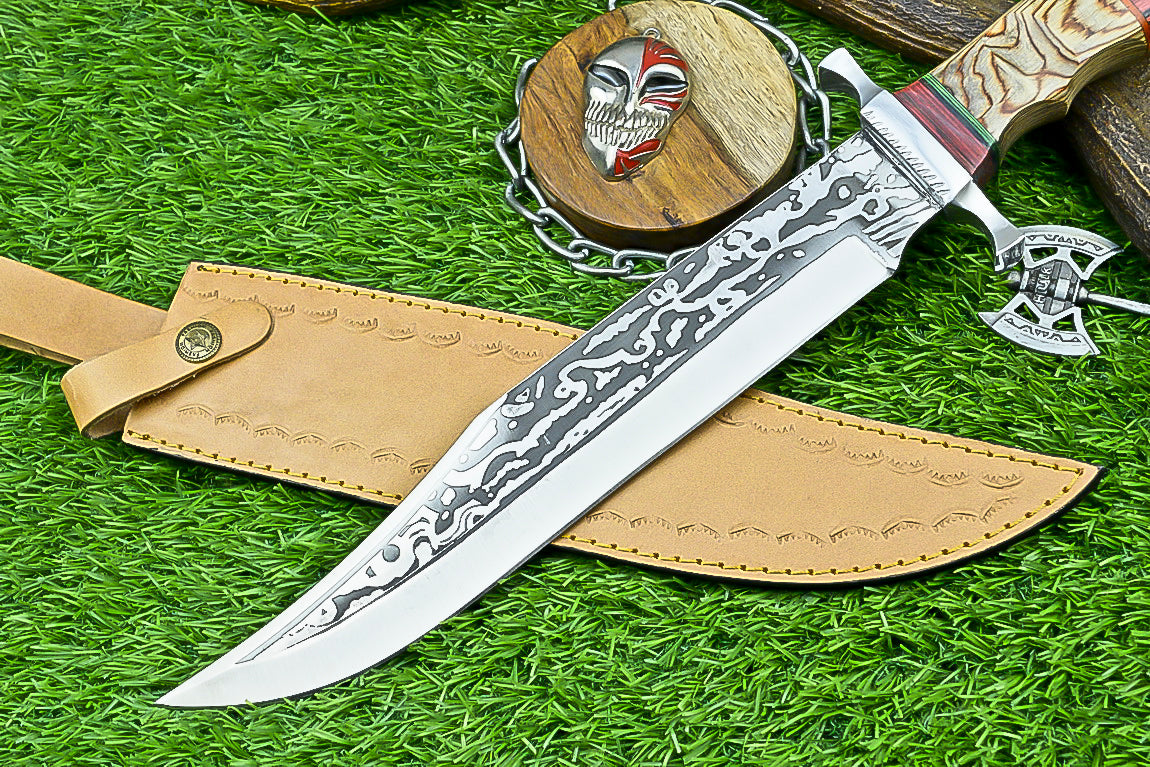 Hand-Forged Custom Damascus Steel Bowie Knife with Engraved Blade and Mosaic Handle | UN-8161