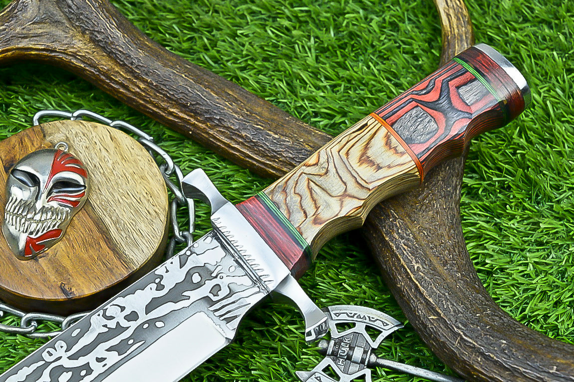 Hand-Forged Custom Damascus Steel Bowie Knife with Engraved Blade and Mosaic Handle | UN-8161