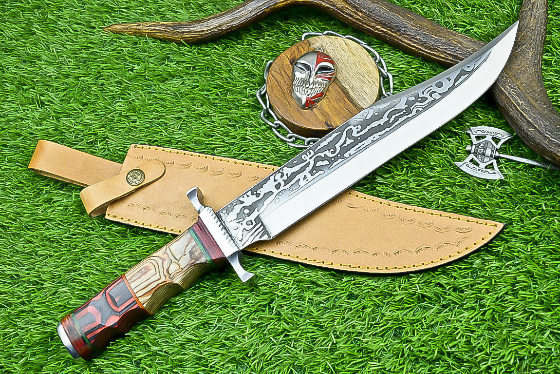 Hand-Forged Custom Damascus Steel Bowie Knife with Engraved Blade and Mosaic Handle | UN-8161