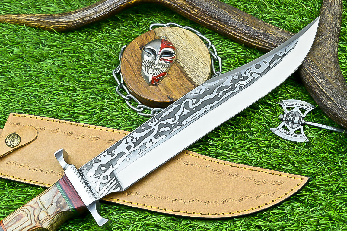 Hand-Forged Custom Damascus Steel Bowie Knife with Engraved Blade and Mosaic Handle | UN-8161