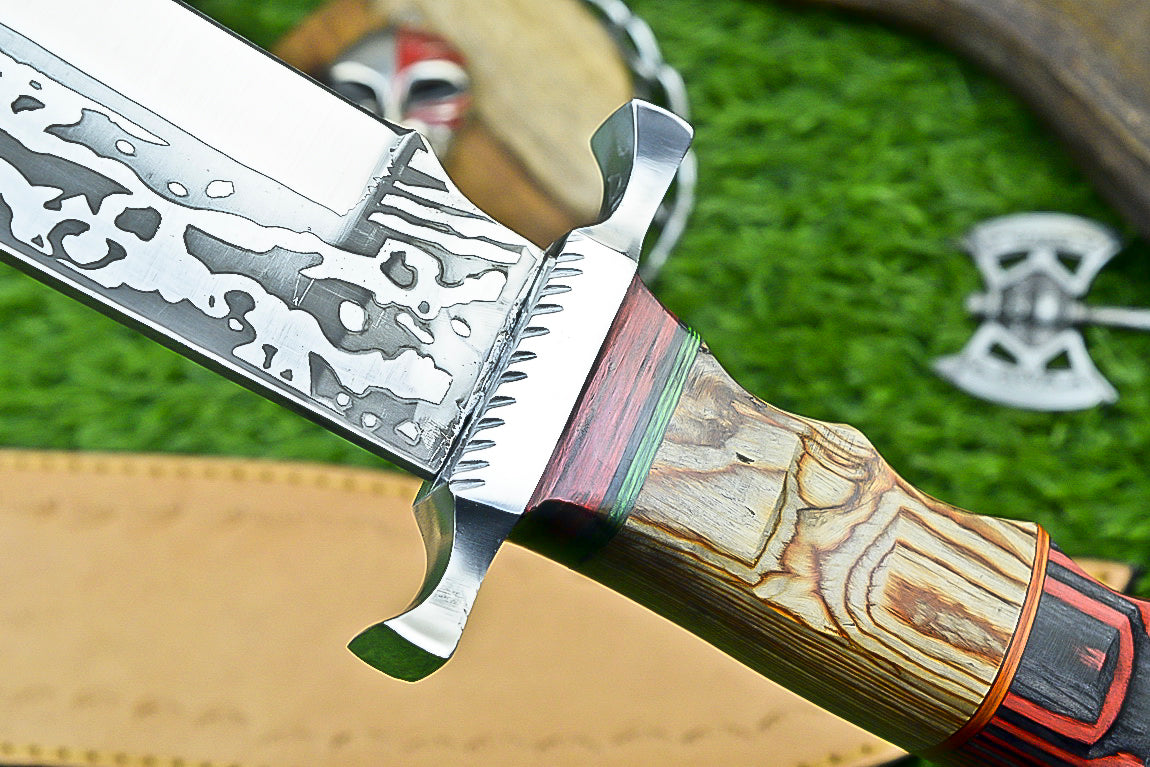 Hand-Forged Custom Damascus Steel Bowie Knife with Engraved Blade and Mosaic Handle | UN-8161
