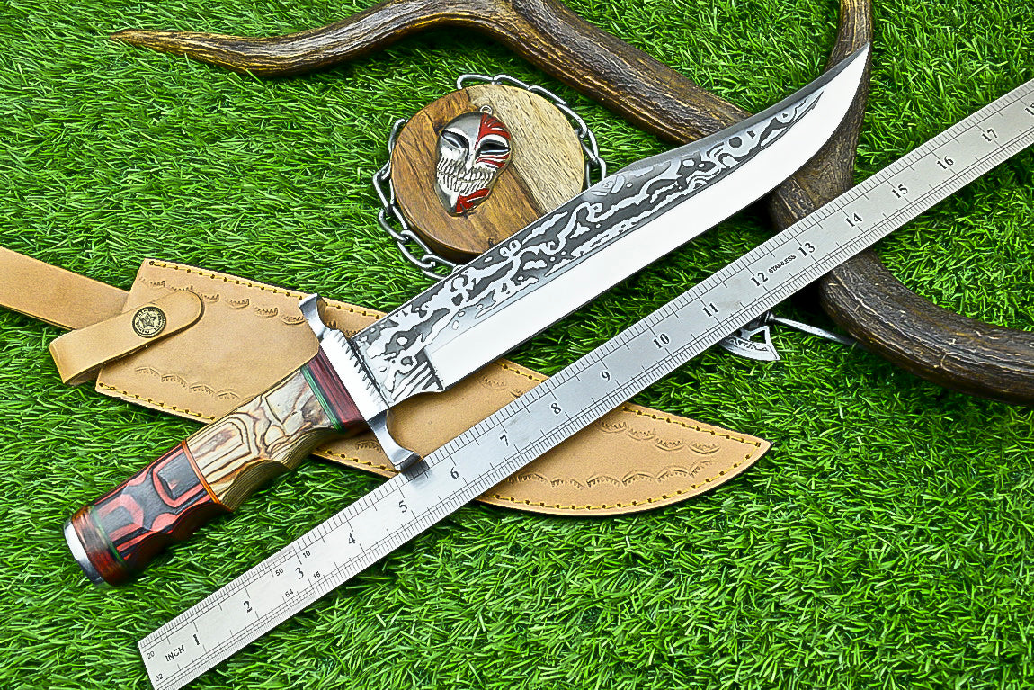 Hand-Forged Custom Damascus Steel Bowie Knife with Engraved Blade and Mosaic Handle | UN-8161