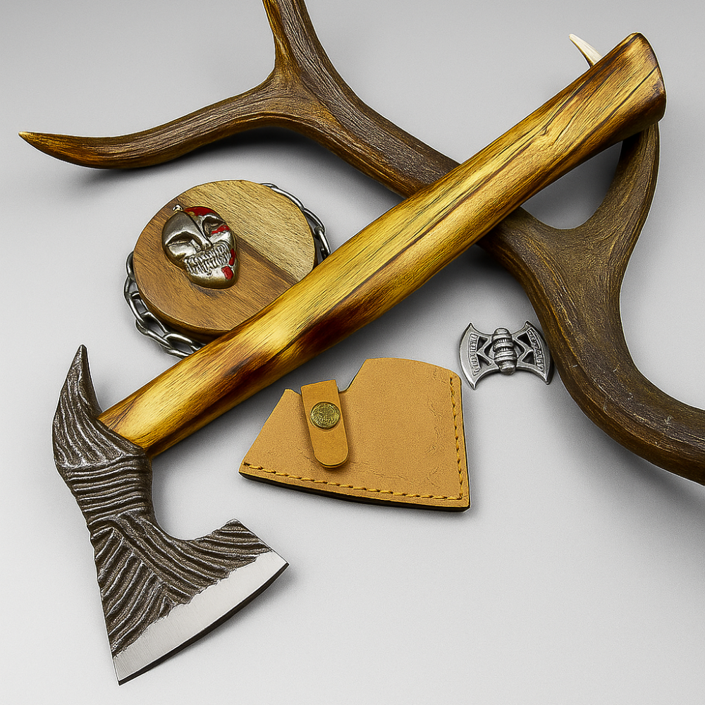 Carbon Steel Tomahawk Axe – 15" Camping Hatchet with Natural Wood Handle | Survival Tool | UN-9991