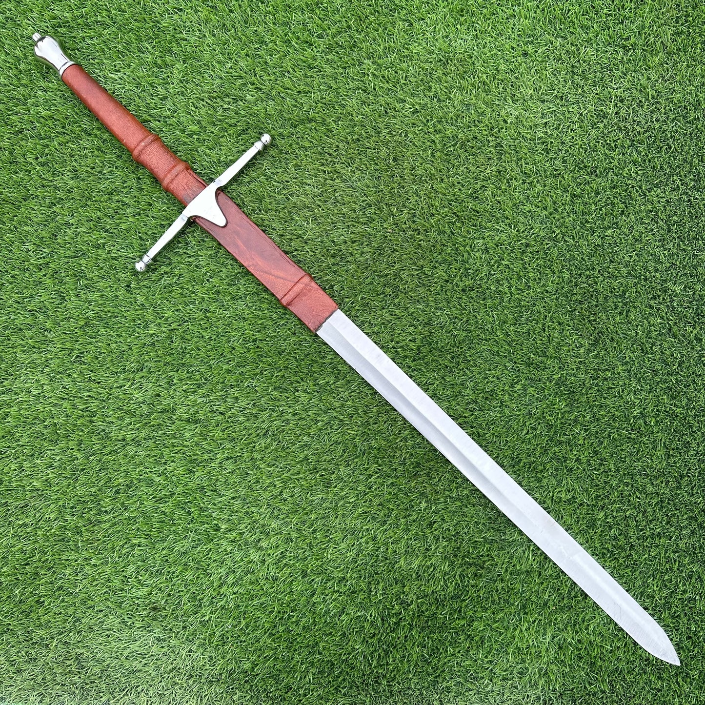 Handmade Damascus Steel Medieval Sword | Leather-Wrapped Handle & Brass Guard | 40" Display Sword