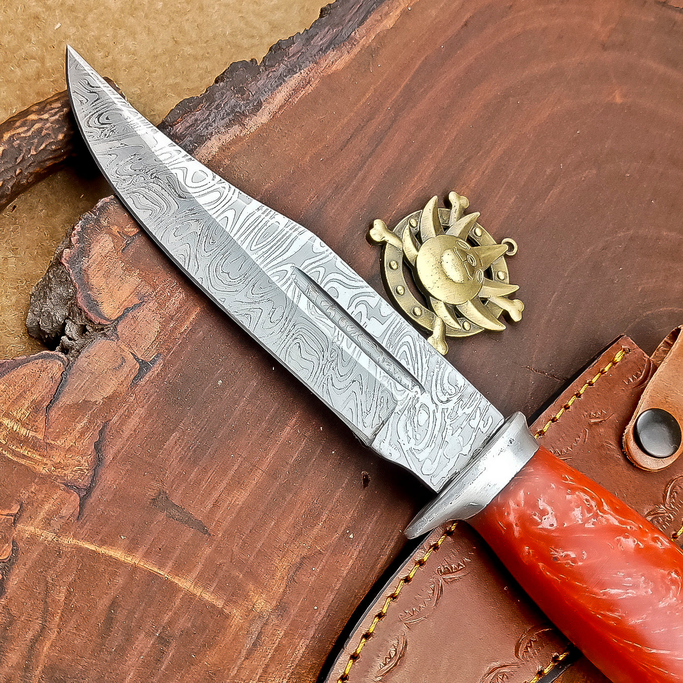 Custom Handmade 12" Damascus Steel Bowie Knife | Wood & Resin Handle, Leather Sheath | Anniversary