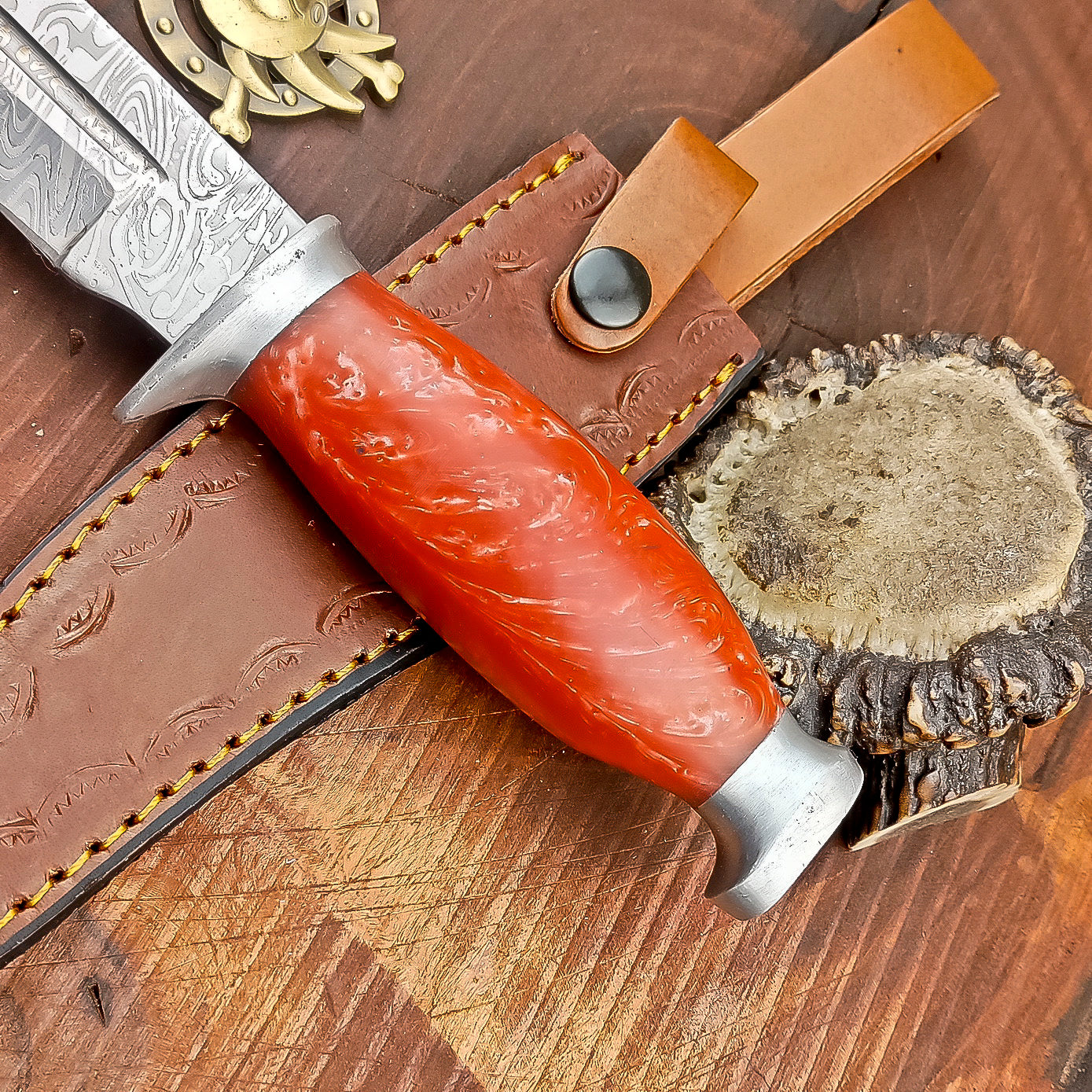 Custom Handmade 12" Damascus Steel Bowie Knife | Wood & Resin Handle, Leather Sheath | Anniversary