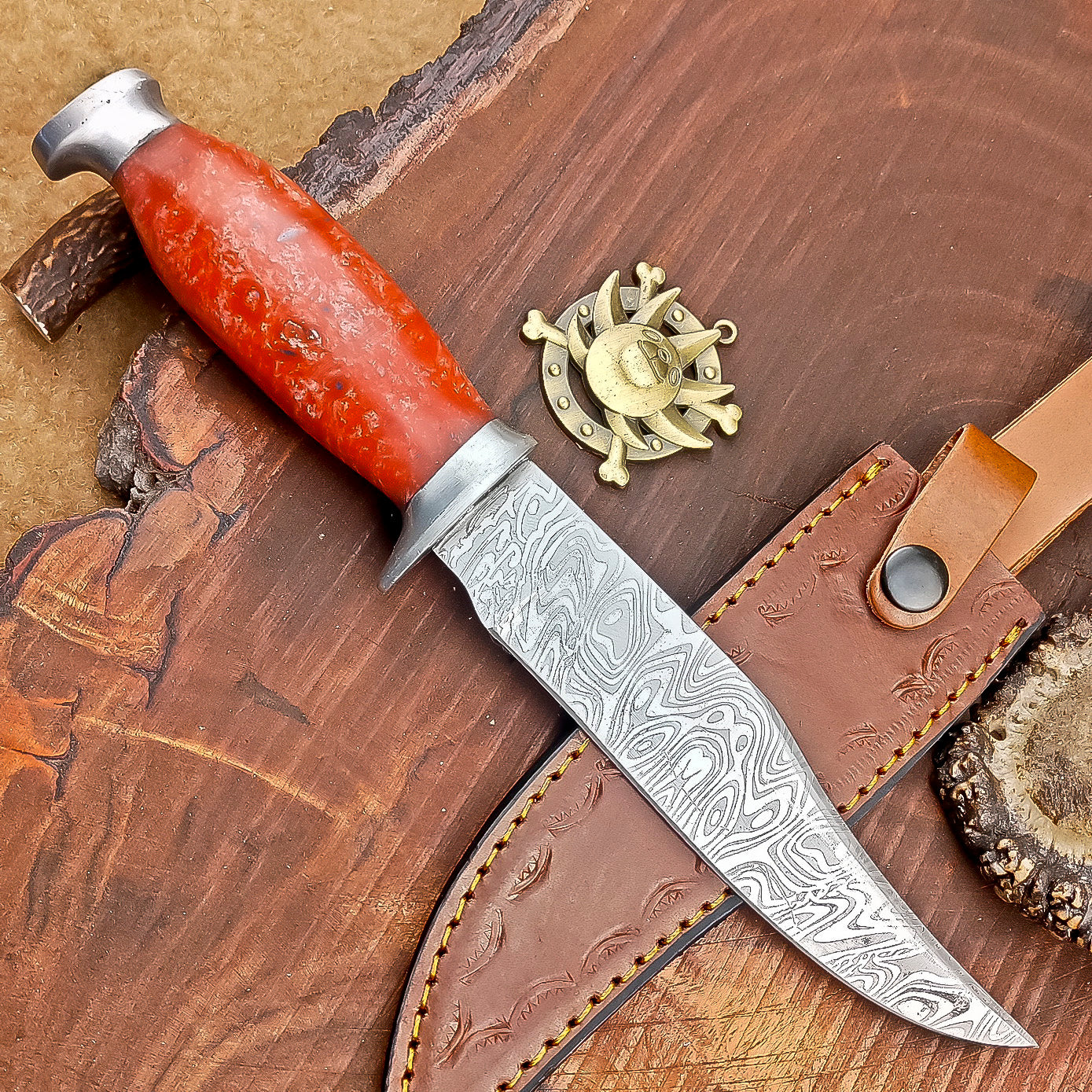 Custom Handmade 12" Damascus Steel Bowie Knife | Wood & Resin Handle, Leather Sheath | Anniversary