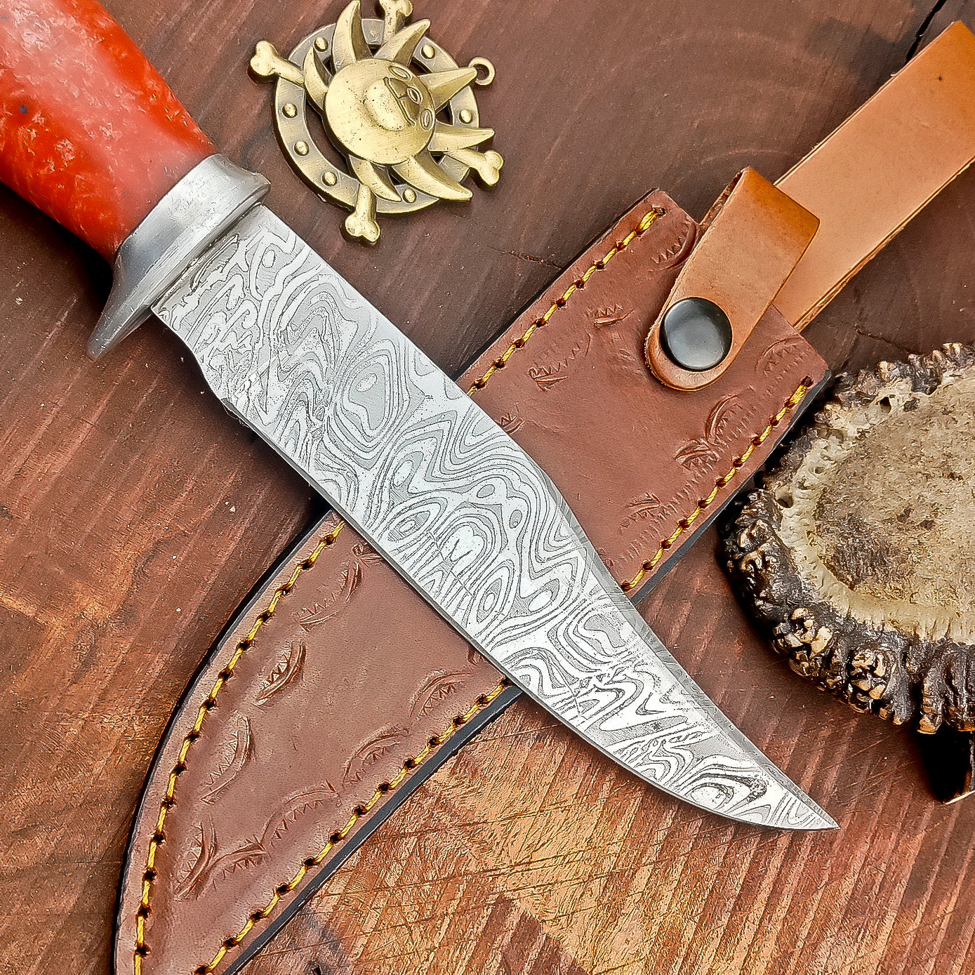 Custom Handmade 12" Damascus Steel Bowie Knife | Wood & Resin Handle, Leather Sheath | Anniversary