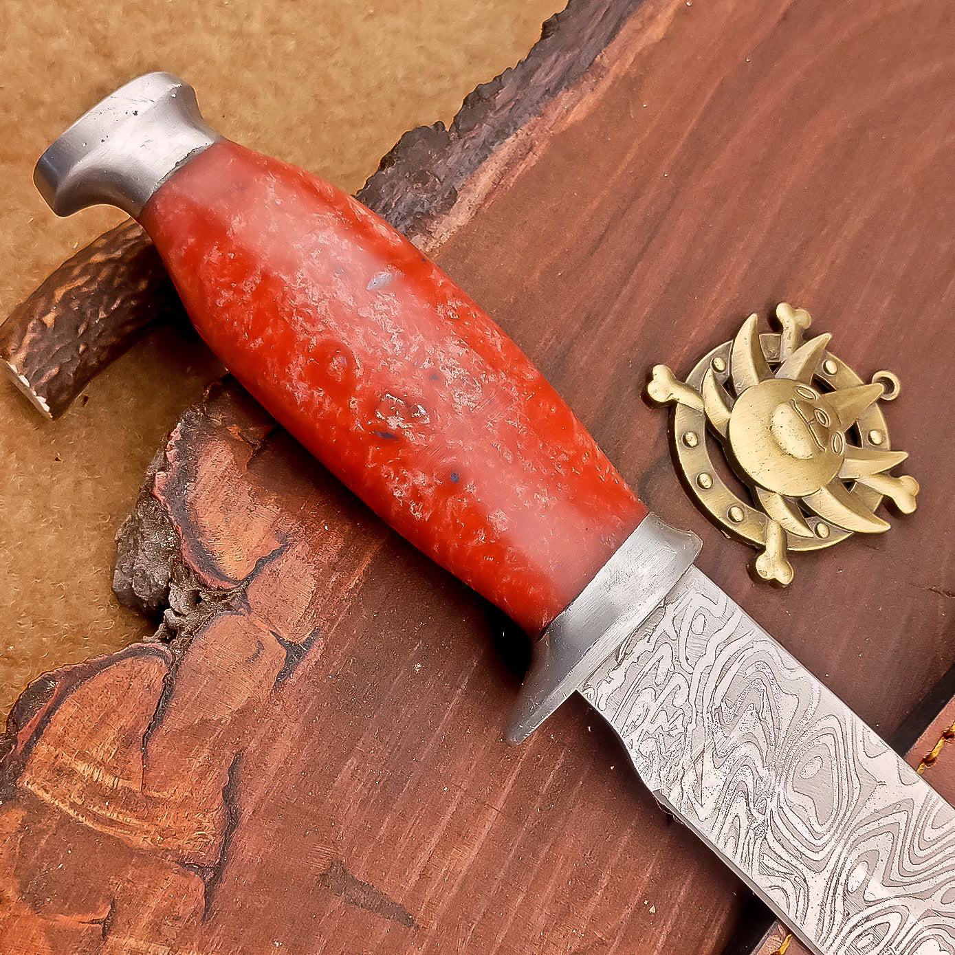 Custom Handmade 12" Damascus Steel Bowie Knife | Wood & Resin Handle, Leather Sheath | Anniversary