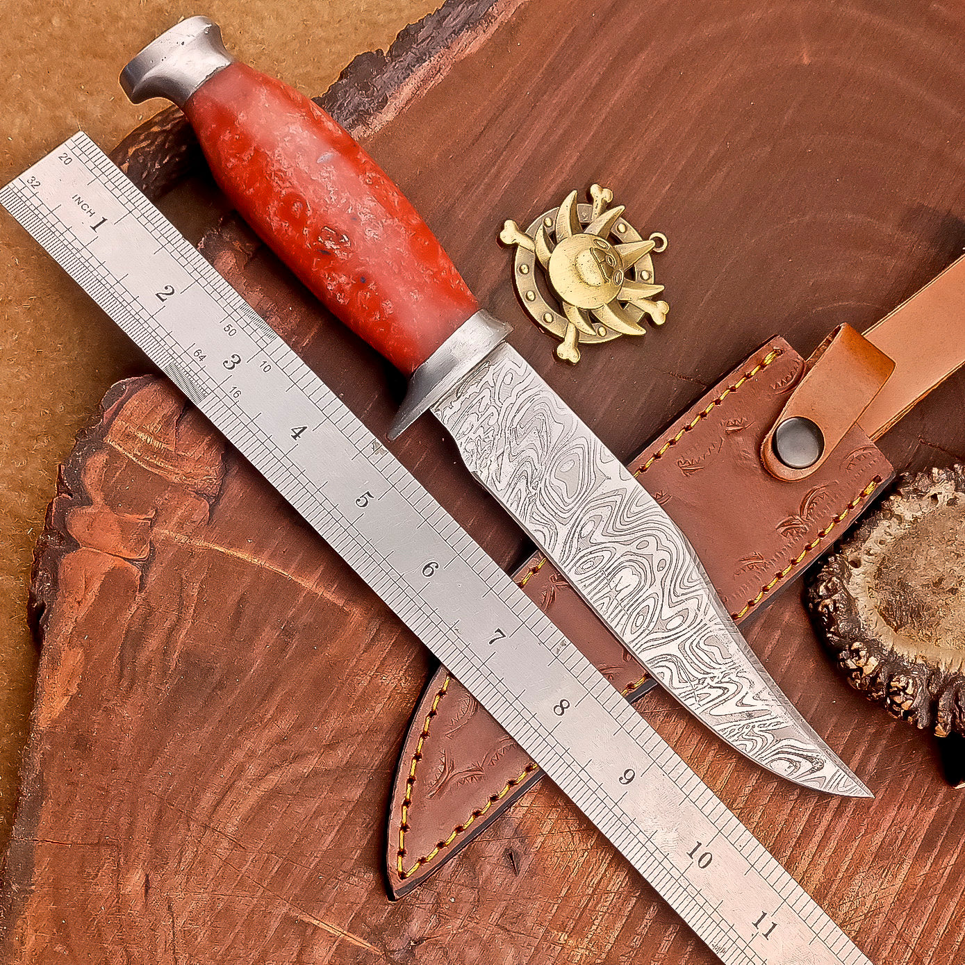 Custom Handmade 12" Damascus Steel Bowie Knife | Wood & Resin Handle, Leather Sheath | Anniversary
