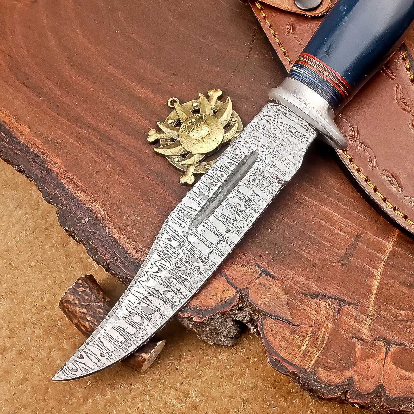 Handmade Damascus Steel Hunting Knife with Blue & Red Striped Handle
