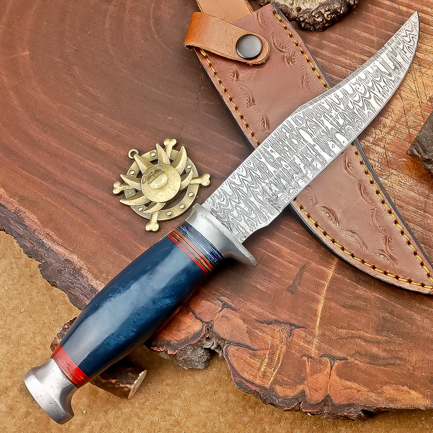 Handmade Damascus Steel Hunting Knife with Blue & Red Striped Handle