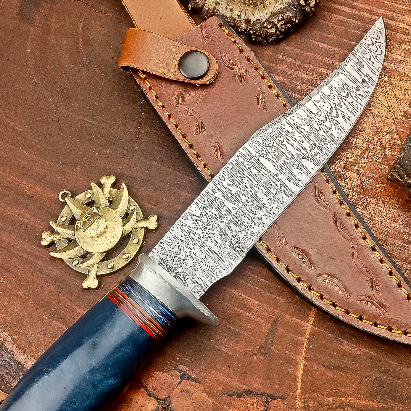 Handmade Damascus Steel Hunting Knife with Blue & Red Striped Handle