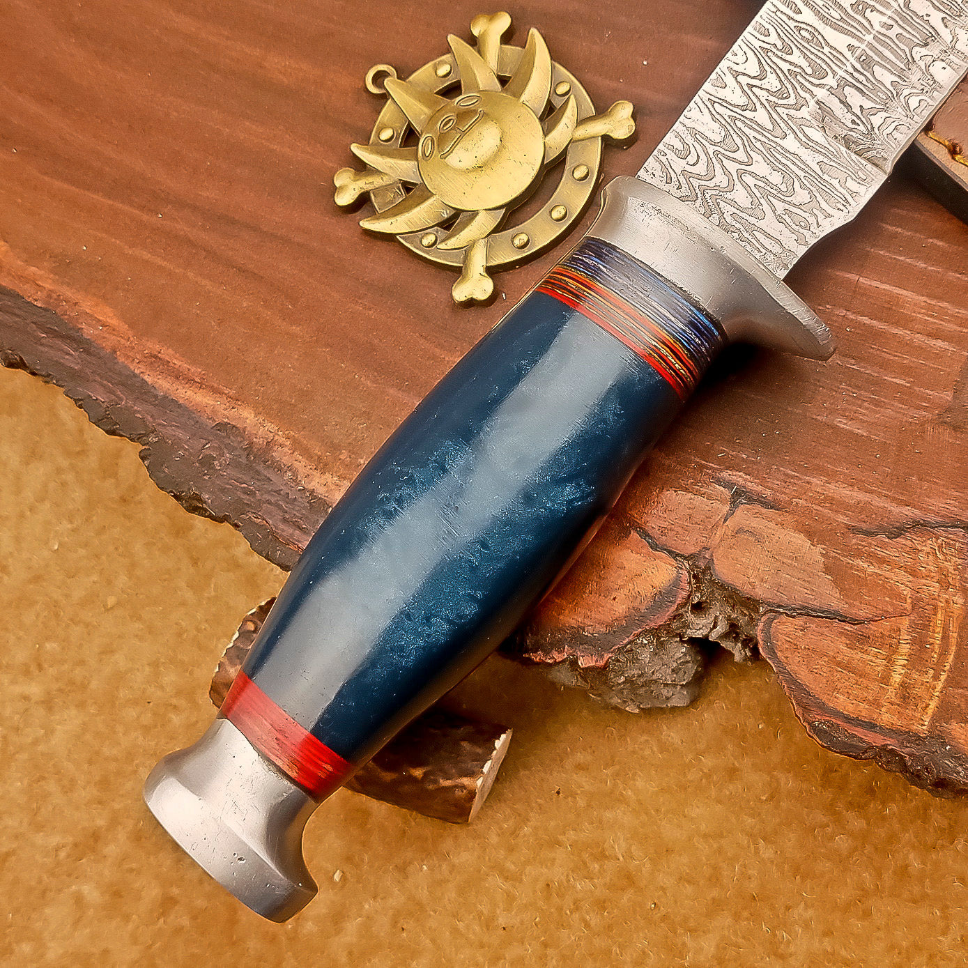 Handmade Damascus Steel Hunting Knife with Blue & Red Striped Handle