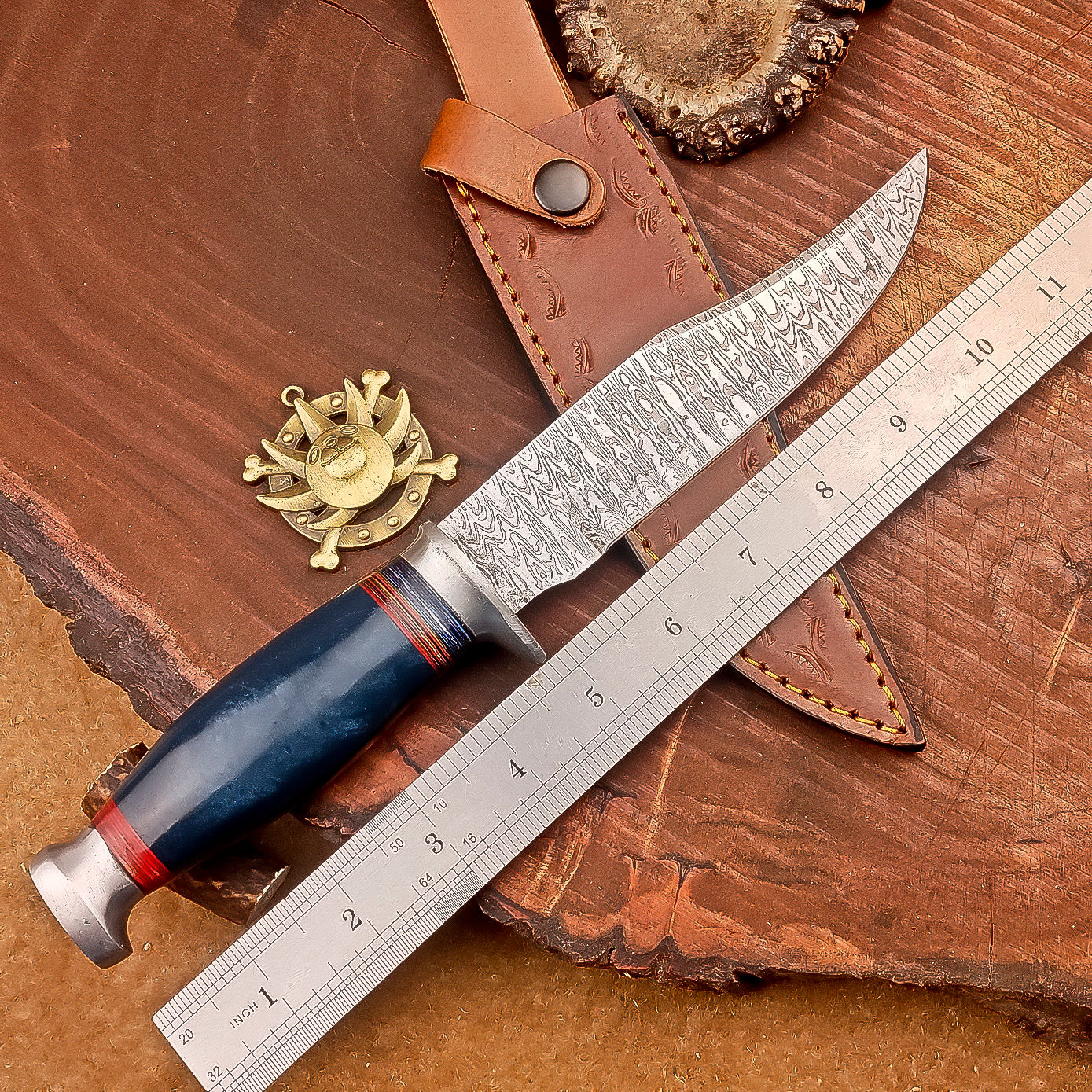 Handmade Damascus Steel Hunting Knife with Blue & Red Striped Handle