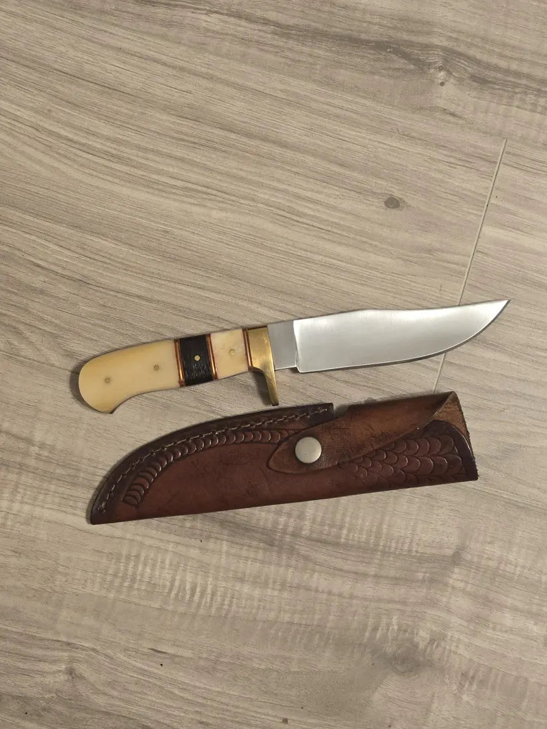 Hunting Knife Custom Handmade J2 Steel Skinner – Camel Bone & Wenge Wood Handle, Leather Sheath, Gift for Him, Outdoor Camping Knife