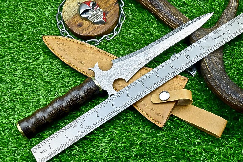 13” Handmade Bowie Knife with J2 Steel Etched Blade & Leather Sheath, Dagger Knife Gift for Him, Camping Survival Knife for Husband.