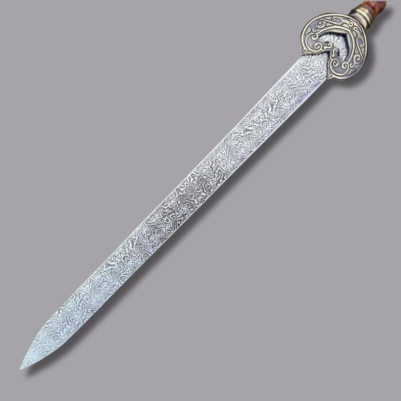 Handmade Damascus Steel Roman Gladius Sword | Ornate Dragon Brass Fittings & Black Leather Scabbard