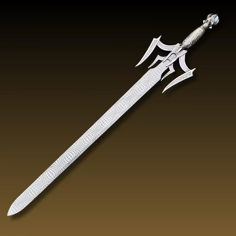 Handmade Fantasy Sword with Ornate Guard | Unique Damascus Steel Blade & Leather Scabbard