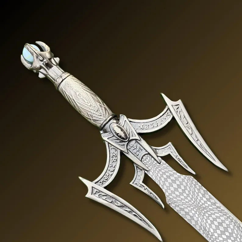 Handmade Fantasy Sword with Ornate Guard | Unique Damascus Steel Blade & Leather Scabbard