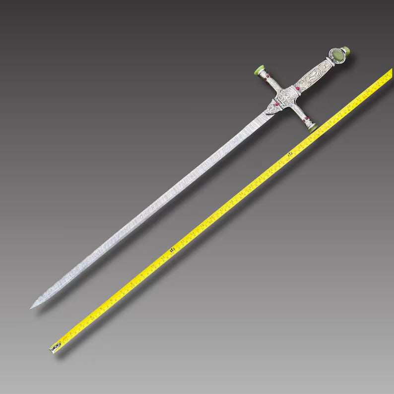 Handmade Medieval Sword with Gemstones Ornate Damascus Steel Blade & Black Leather Scabbard