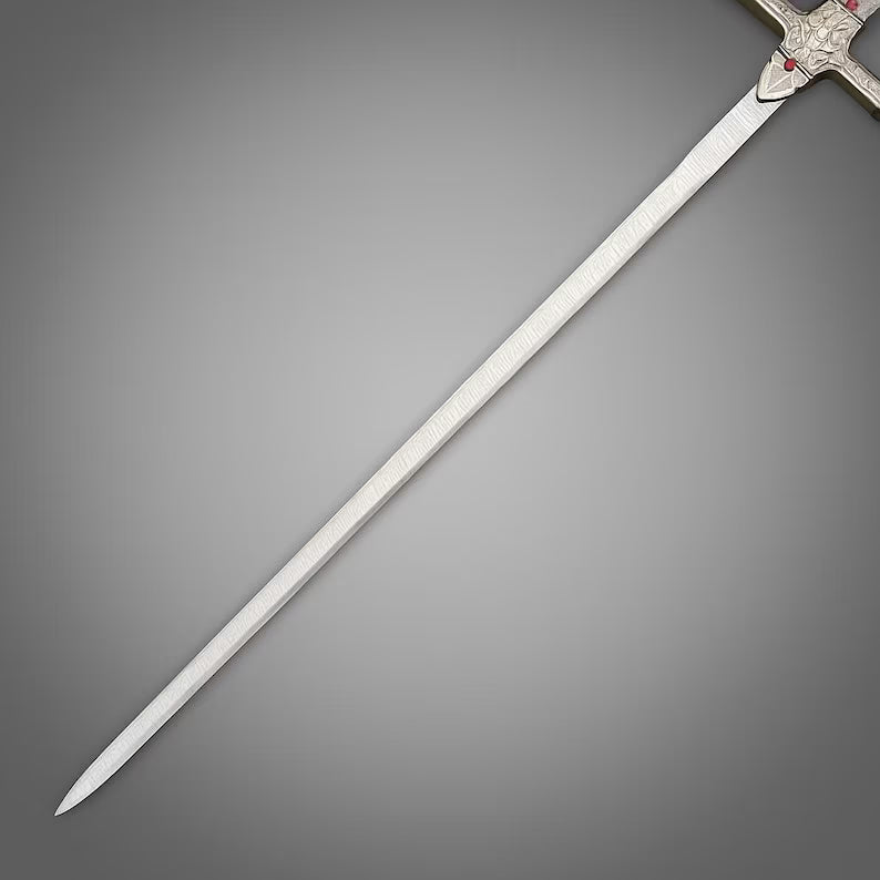 Handmade Medieval Sword with Gemstones Ornate Damascus Steel Blade & Black Leather Scabbard