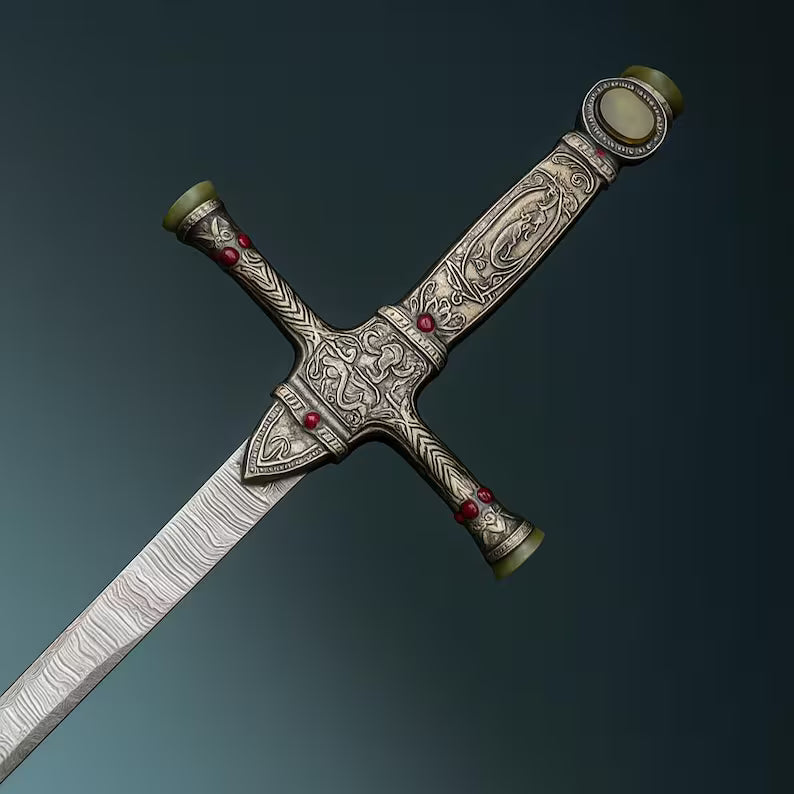 Handmade Medieval Sword with Gemstones Ornate Damascus Steel Blade & Black Leather Scabbard