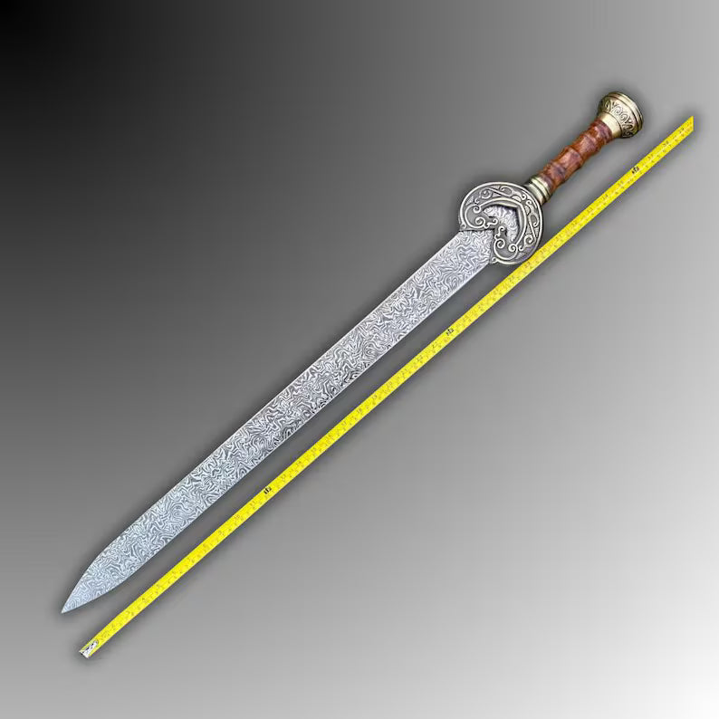 Handmade Damascus Steel Roman Gladius Sword | Ornate Dragon Brass Fittings & Black Leather Scabbard