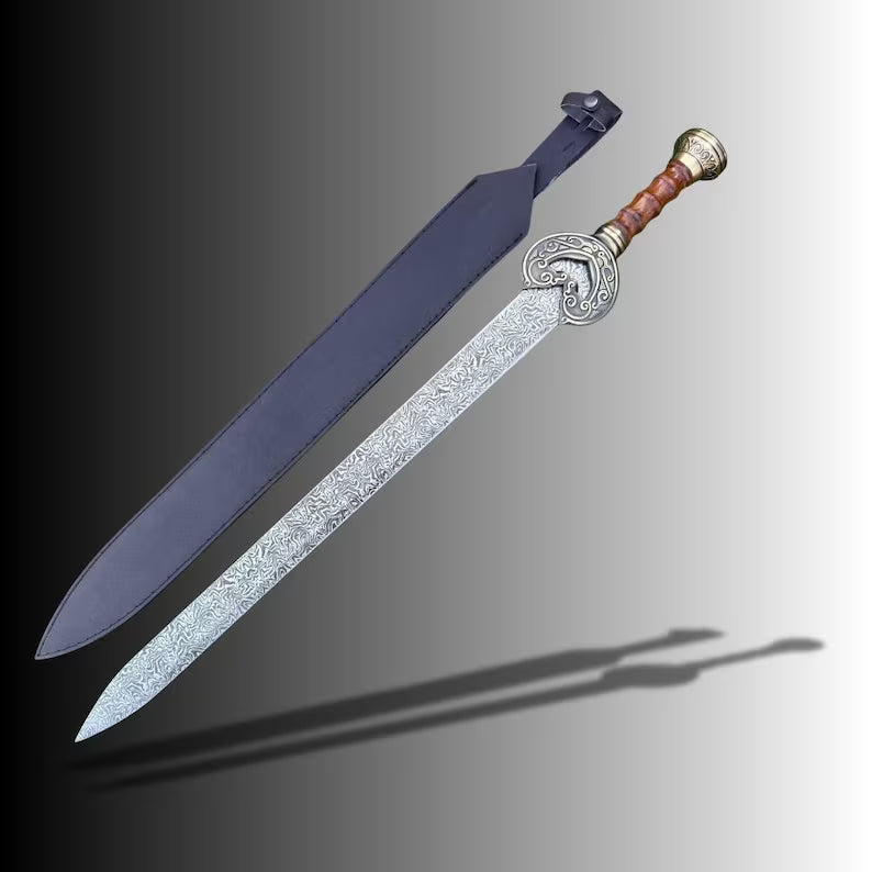 Handmade Damascus Steel Roman Gladius Sword | Ornate Dragon Brass Fittings & Black Leather Scabbard