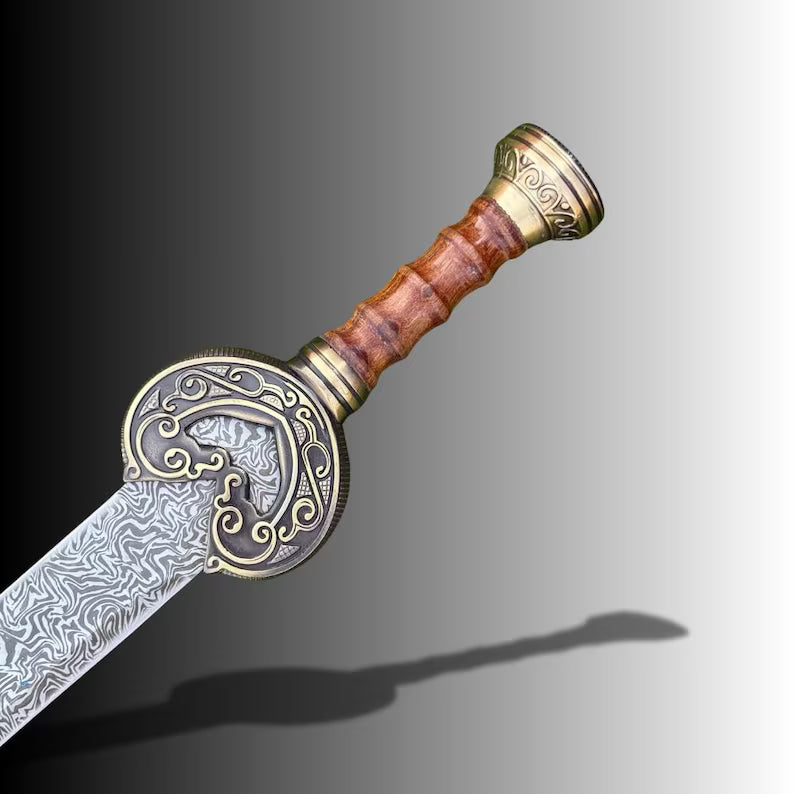 Handmade Damascus Steel Roman Gladius Sword | Ornate Dragon Brass Fittings & Black Leather Scabbard