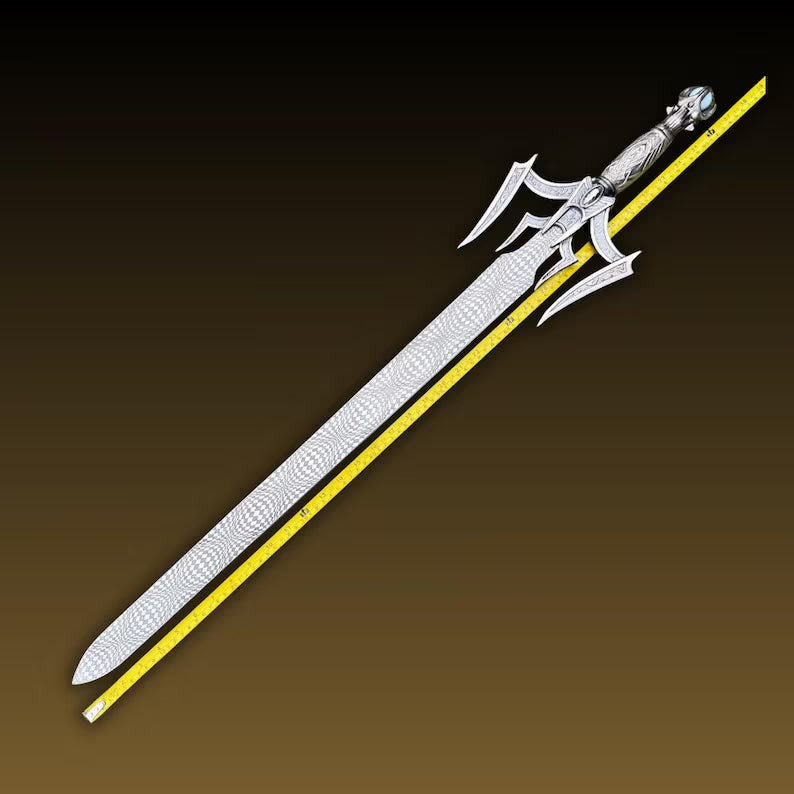 Handmade Fantasy Sword with Ornate Guard | Unique Damascus Steel Blade & Leather Scabbard