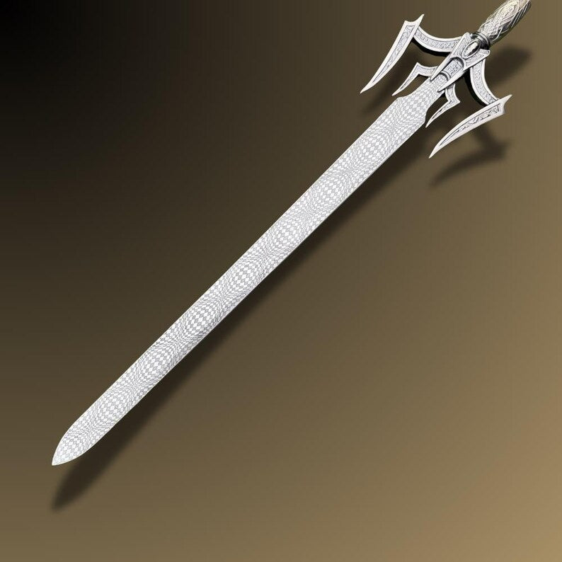 Handmade Fantasy Sword with Ornate Guard | Unique Damascus Steel Blade & Leather Scabbard