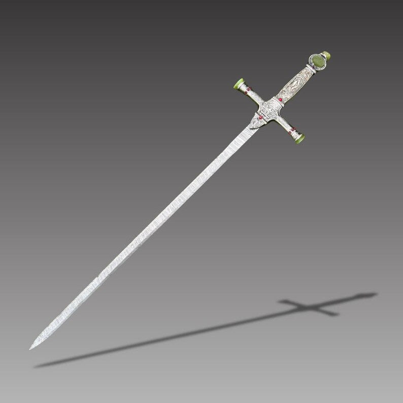 Handmade Medieval Sword with Gemstones Ornate Damascus Steel Blade & Black Leather Scabbard