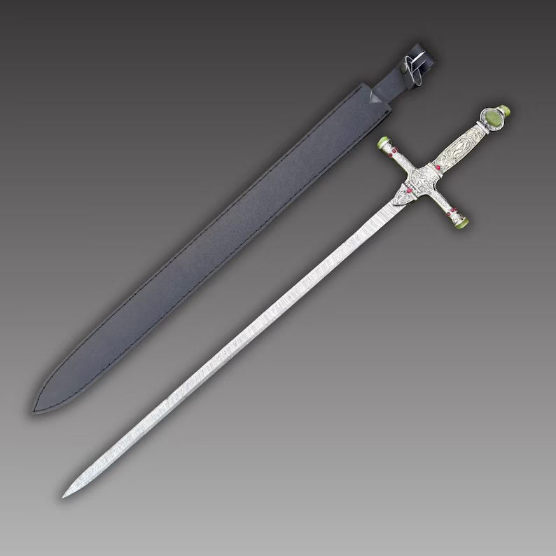 Handmade Medieval Sword with Gemstones Ornate Damascus Steel Blade & Black Leather Scabbard