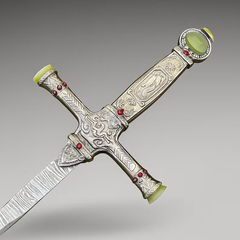 Handmade Medieval Sword with Gemstones Ornate Damascus Steel Blade & Black Leather Scabbard
