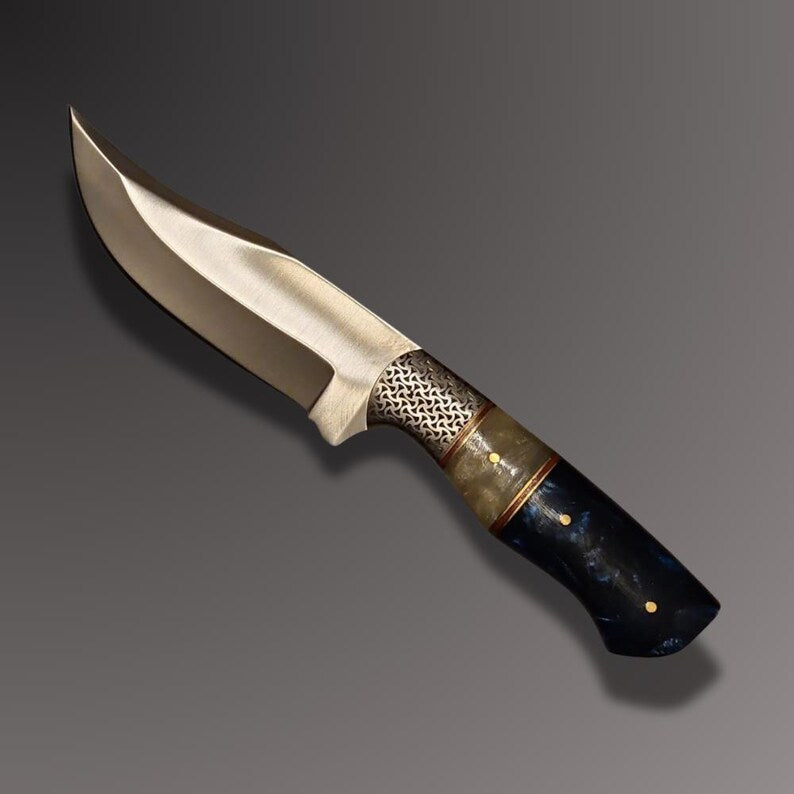Handmade Custom Hunting Knife | Polished Blade, Resin Handle & Tooled Leather Sheath