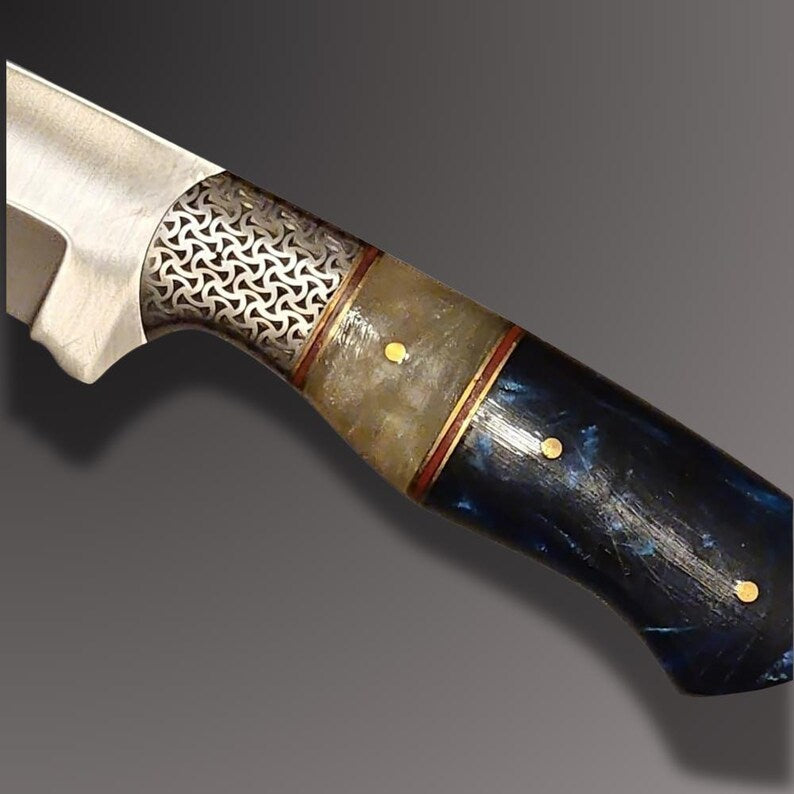 Handmade Custom Hunting Knife | Polished Blade, Resin Handle & Tooled Leather Sheath