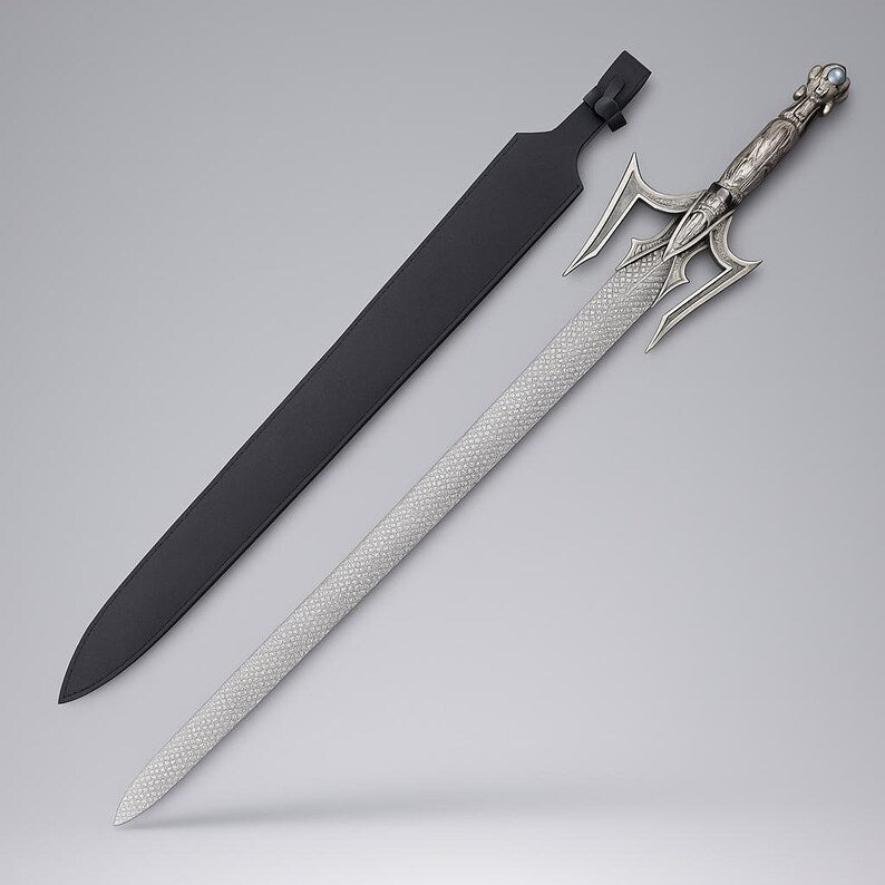 Handmade Fantasy Sword with Ornate Guard | Unique Damascus Steel Blade & Leather Scabbard