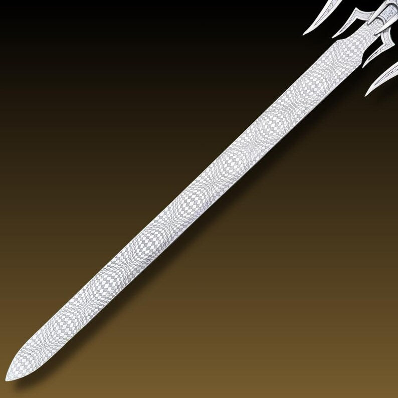 Handmade Fantasy Sword with Ornate Guard | Unique Damascus Steel Blade & Leather Scabbard