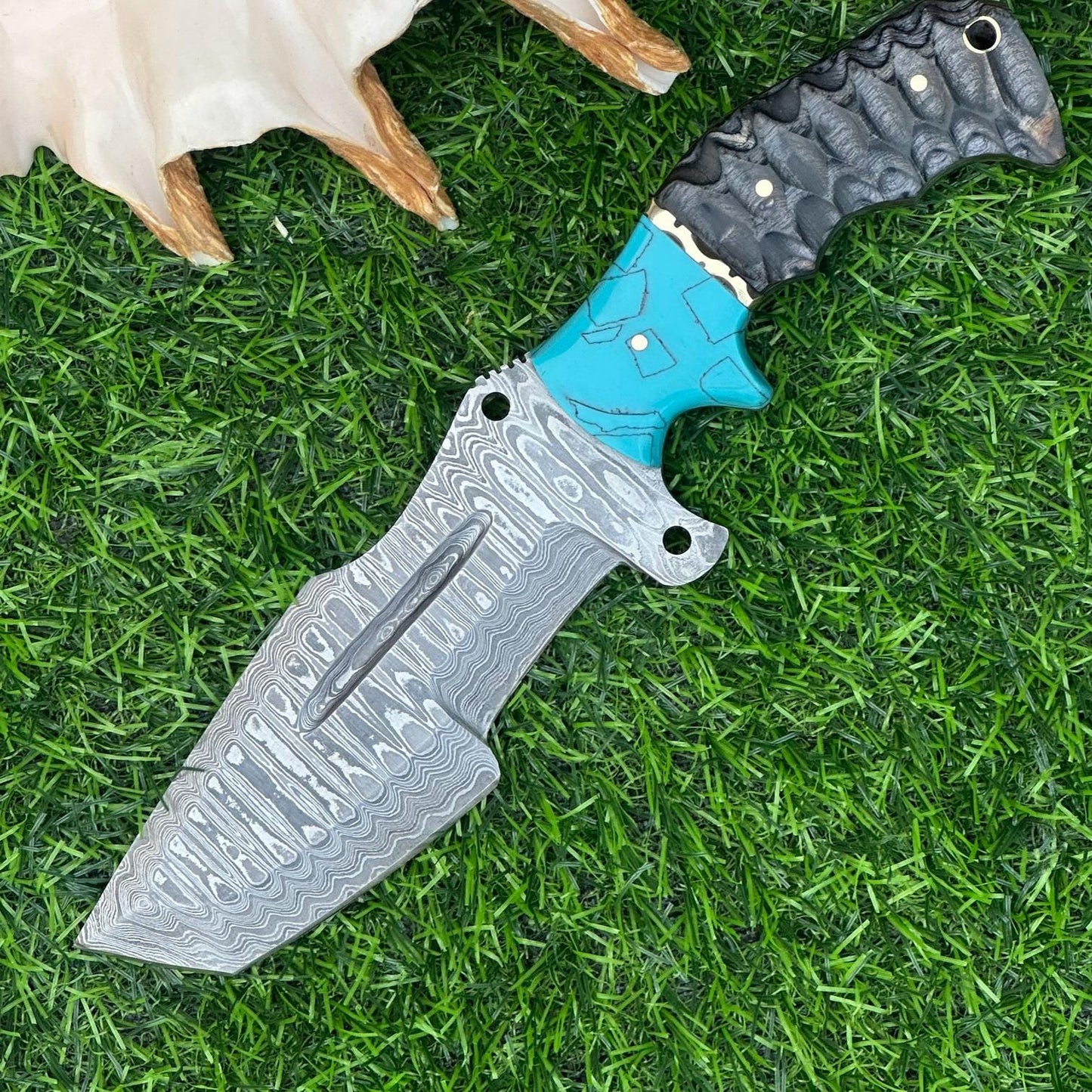 Handcrafted 10" Damascus Tracker Knife – Unique Wood & Resin Handle with Intricate Engraving, Christmas Gift, Fathers day gift, gift for him
